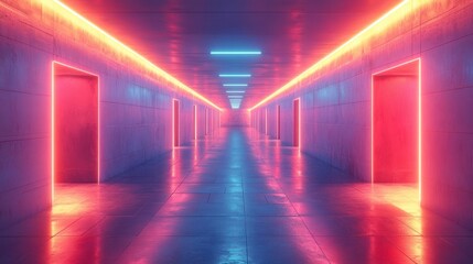 Fototapeta premium A long concrete corridor illuminated with vibrant neon lights, casting colorful reflections on the polished floor
