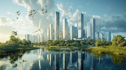 Eco-Friendly Cityscape with Wind Turbines
