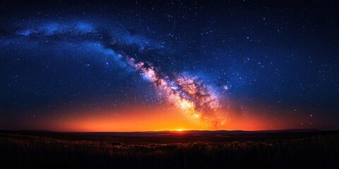 Fototapeta premium A majestic display of the Milky Way galaxy as it arcs across a night sky, casting a warm glow on the horizon