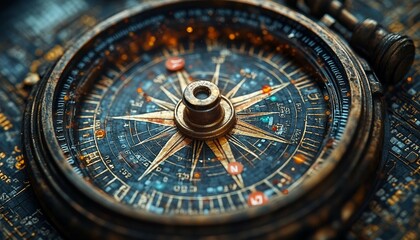 The SEO Compass, An antique compass with SEO-related symbols as direction points, like traffic spikes, click-through rates, and SERP rankings.