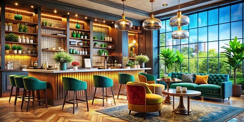 Elegant luxury coffee bar with exquisite decor, stylish furniture, and rich coffee selections displayed