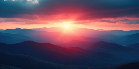 A mesmerizing panorama of rolling hills bathed in the warm hues of a spectacular sunset, casting long shadows across the landscape