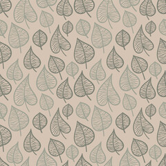 Seamless autumn pattern in the form of a solid line of hand-drawn elements of flowers, leaves, branches.