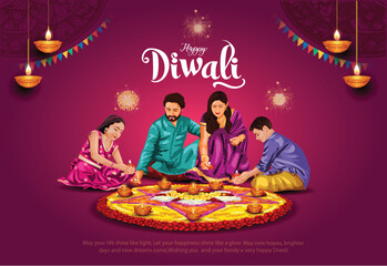 Indian festival of lights Happy Diwali with happy family, holiday Background, Diwali celebration greeting card, abstractvector illustration design.