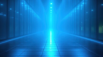 Fototapeta premium A misty hallway with bright blue lights reflecting on the tiled floor