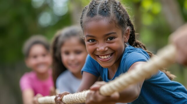 Children playing tug of war in outdoor activity.