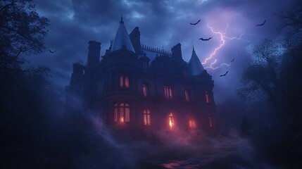 Fototapeta premium Scary Gothic castle on Halloween night, haunted palace or mansion for dark blue background. Spooky view of old mystery castle and bats in full moon. Horror scene with big gloomy house, fantasy place