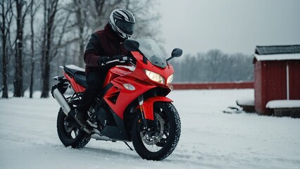 Naklejka premium man in a red motorcycle in the snow