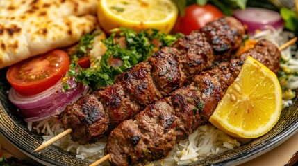 Grilled Beef Skewers with Rice and Lemon