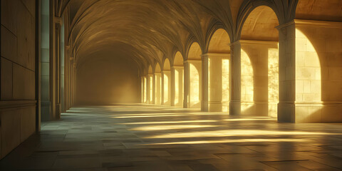 Sunlit Grand Hall with Arched Ceilings and Stone Columns