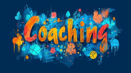 A colorful artistic splash paint background illustrating the word 'Coaching' in vibrant orange text, representing guidance, teaching and personal development.