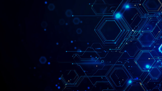 Blue tech background featuring circuit lines and hexagons, vector design for business, technology, or science themes.