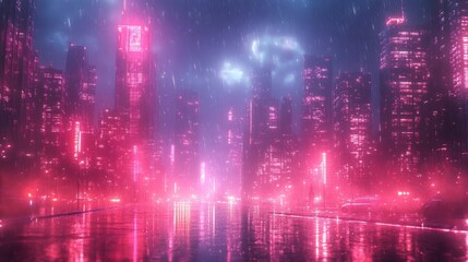 Obraz premium A Nighttime Metropolis Bathed in Neon Light and Rain