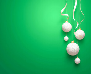 white Christmas balls on a green background with a copy space