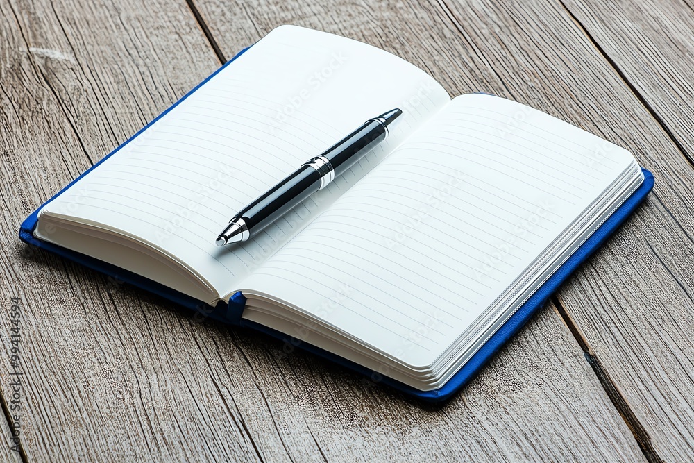 Poster A single open notebook with a pen lying across the page, ready to be filled with ideas