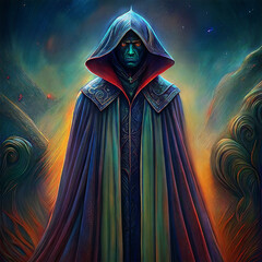 A man in a green robe stands in front of a mountain. The man is wearing a hooded robe and has a green face. The image has a dark and mysterious mood