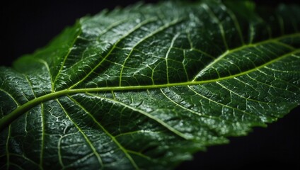 Close-up of green leaf with detailed veins and glossy surface