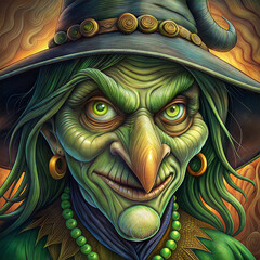 A witch with a green hat and green face. The witch has a green nose and green eyes