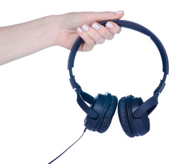 Black modern headphones in hand isolation