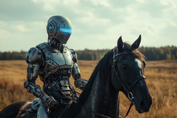Fototapeta premium Cyborg on a black horse in a wide open grassland.