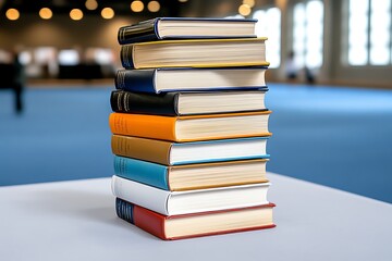A single stack of books on a plain table at a book fair, with clean lines and minimal distractions