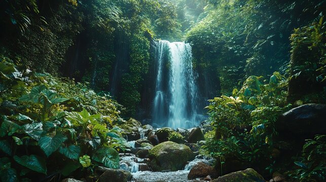 Dense, lush images of tropical rainforests with rich green foliage, wildlife, and waterfalls. 