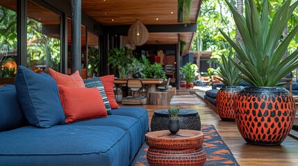 Fototapeta premium A plush blue sofa with colorful pillows and a potted plant rests on a wooden patio with patterned rugs, inviting relaxation and the enjoyment of nature's ambiance