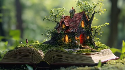 Illustrate a magical world hidden within the pages of a book, with characters and scenes coming to life as the pages turn.