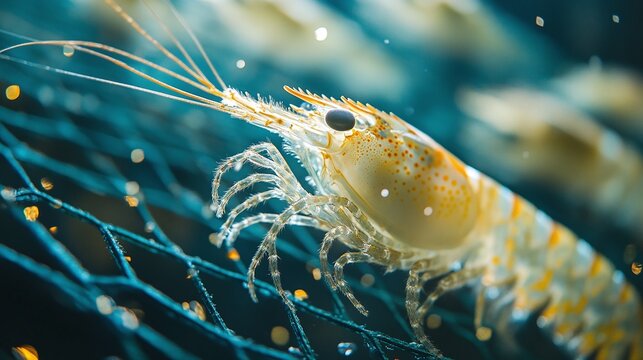 aquaculture shrimp harvest focusing on a close-up shot of juvenile pacific white shrimp captured in a net tray emphasizing the importance of marine farming sustainability
