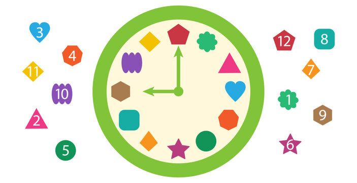 Child time clock, education game, learn preschool, geometric study, kid school match, sorting kid colorful puzzle elementary shape with different number. Simple vector illustration