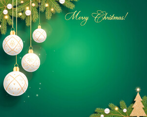 Christmas tree and white balls on a green background with a copy space