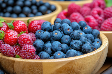 A vibrant display of fresh berries in wooden bowls, showcasing blueberries, raspberries, and strawberries in a delightful arrangement.