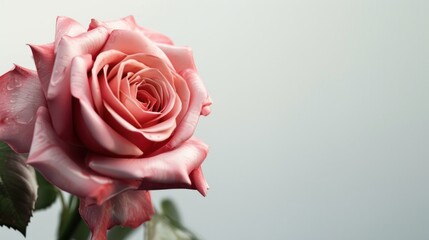 Close-up of a pink rose flower with water droplets on its petals, isolated on a light background. Nature and beauty concept. Design for wallpaper, poster, and invitation.