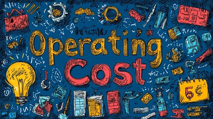 Obraz premium Colorful and energetic illustration depicting the term 'Operating Cost,' accompanied by numerous icons representing different aspects and elements of business operations.