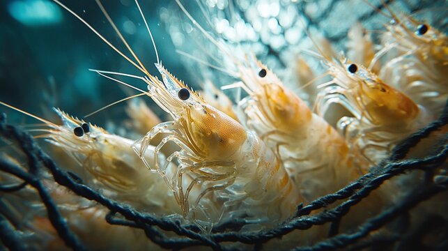 aquaculture shrimp harvest focusing on a close-up shot of juvenile pacific white shrimp captured in a net tray emphasizing the importance of marine farming sustainability