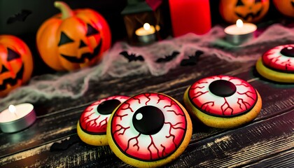 Large red eyeball-shaped cookies with veins and a black pupil, placed on a dark table, surrounded by Halloween decorations.