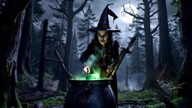 Scary witch brewing potion in dark forest under full moon, spooky Halloween scene