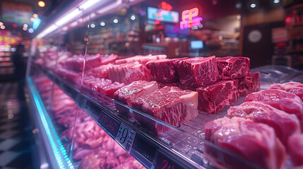 Meat aisle with various cuts displayed in a refrigerated grocery section. close-up of a meat fridge in a grocery store filled with various cuts of fresh meat various cuts of beef, pork and other meats
