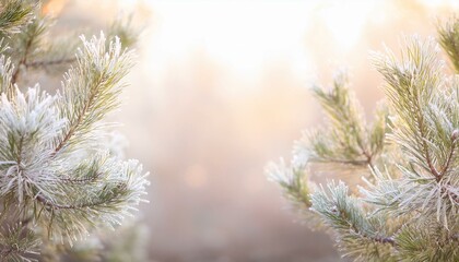 Beautiful white snowy winter Christmas background with pine tree branches covered with glittering silver frost, bokeh light.
