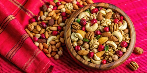Assortment of nuts and cranberries in a bowl.