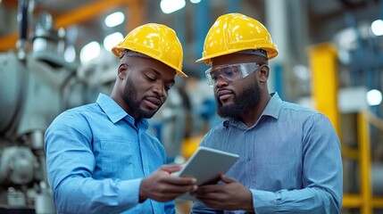 construction site scene featuring two men in hardhats looking at a tablet demonstrating their commitment to safety, collaboration, and technology in project management