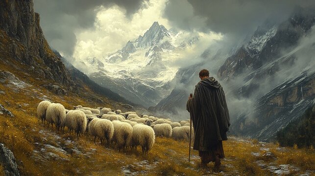 serene moment captured with a shepherd and his sheep in a mountain pasture emphasizing the connection between agriculture, wildlife, and the natural environment