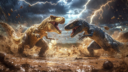 Fototapeta premium A pair of dinosaurs locked in an intense battle on a rain-soaked plain, their scales glistening under the stormy sky