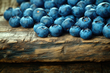 Fresh blueberries scattered on a rustic wooden surface, showcasing their vibrant color and natural texture.