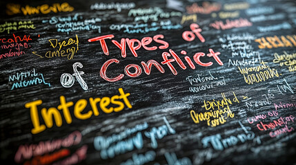 A chalkboard illustration displaying various types of conflict with colorful handwritten text, representing the complexities and dynamics of human relationships and interactions.