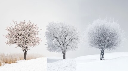 A series of photos that depict the transformation of nature through the seasons, from blossoming flowers in spring to snowy trees in winter.