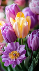 Fototapeta premium Close-up Photo of Purple and Yellow Tulips with a Pink Flower.