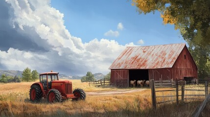 Fototapeta premium Tranquil images of rural life, such as open fields, barns, tractors, and livestock.