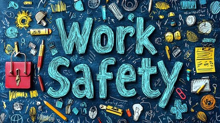 The image showcases the phrase 'Work Safety' prominently written in chalk, surrounded by various tools and safety icons, emphasizing the importance of workplace safety.