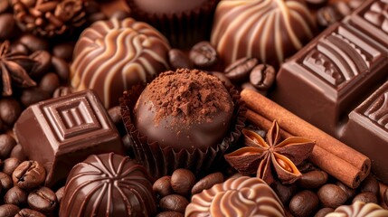 Elegant culinary background featuring coffee beans, cinnamon sticks, anise stars, and chocolates